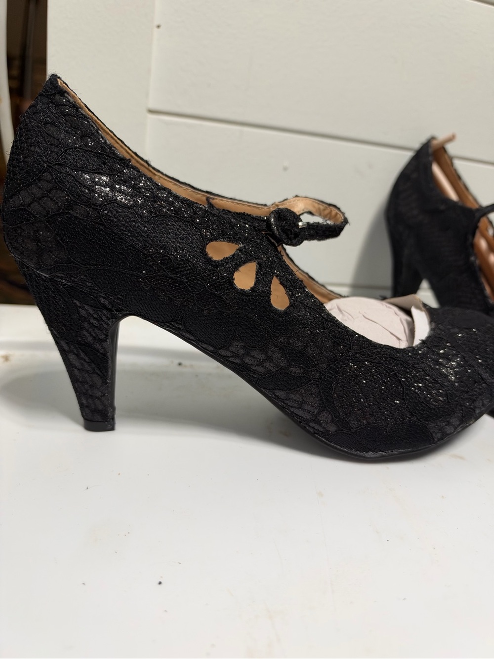 Chase + Chloe Black Lace Glitter Mary Jane Heels
